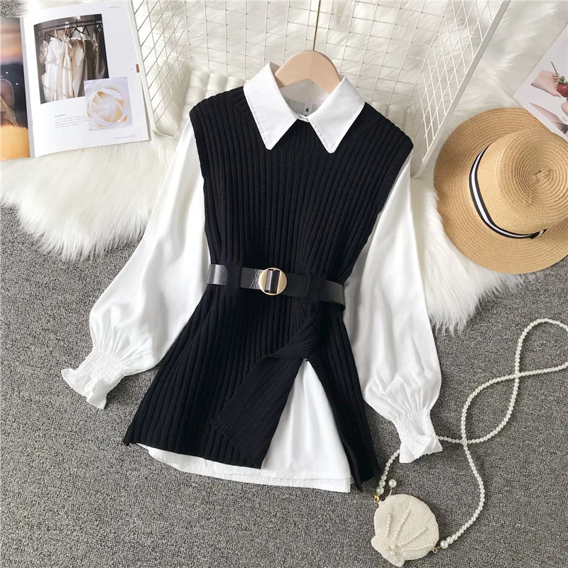

Long lantern sleeve shirt women knitted vest 2 two piece set 2022 spring autumn womens Shirts sets Sleeveless Sweater tops