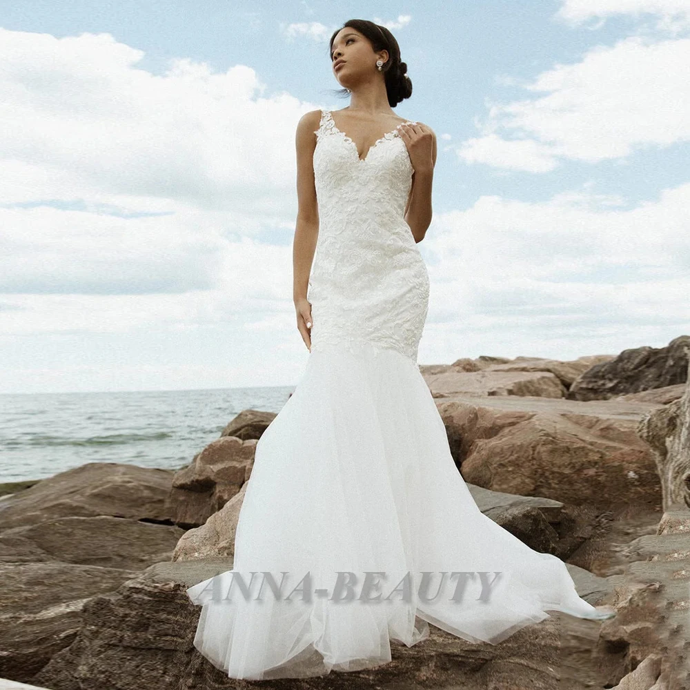 

Anna Classic Mermaid Wedding Dress for Women 2023 Bride with Appliques Stylish Backless Tulle Court Train Vestidos De Novia