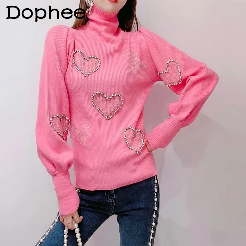 

Heavy Industry Beads Peach Heart All-Matching Knitwear Women 2022 Spring Autumn New Korean Sweet Puff Sleeve Base Sweater Top