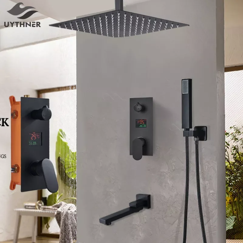 

NEW2023 Luxury Bathroom Shower Faucet Digital Display Mixer Set Rainfall Shower Head 2-3-way Switch Function Bathtub Tap Spout