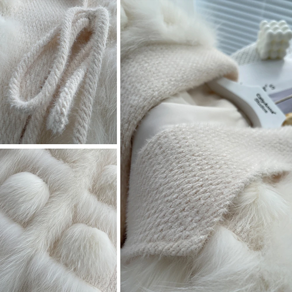 2022 Winter Faux Fur Coat Women Knitting Jackets For Women Natural Fur Coat Fashion Design Fluffy Lace-up Splicing Streetwear