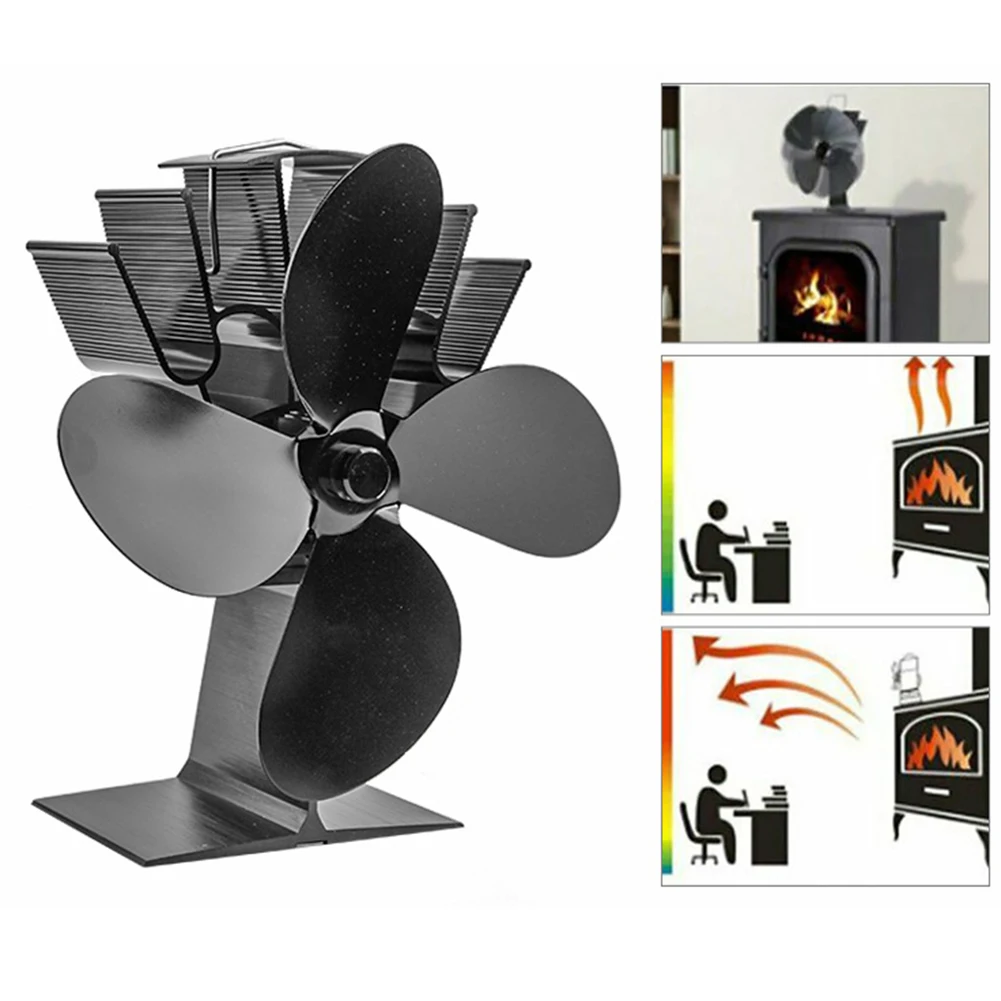 

Black Fireplace 4 Blades Heat Powered Stove Fan Log Wood Burner Quiet Home Fireplace Eco Friendly Heat Powered Wood Burning Fan