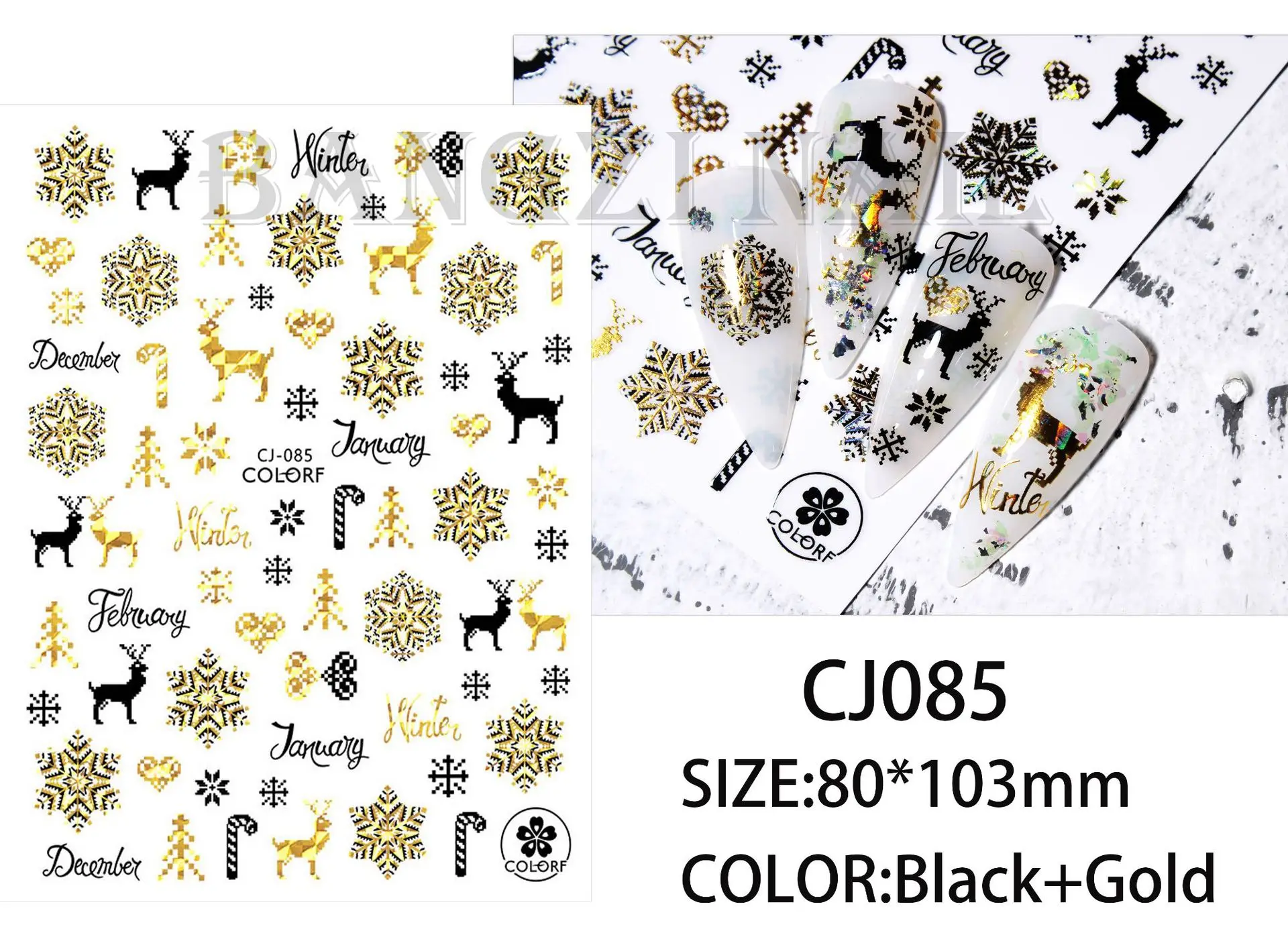 

2 Sheets Laser Gold Stamping Black Christmas Snowflake Deer Bell X'mas Tree Adhesive Nail Art Stickers Decals Manicure Charms