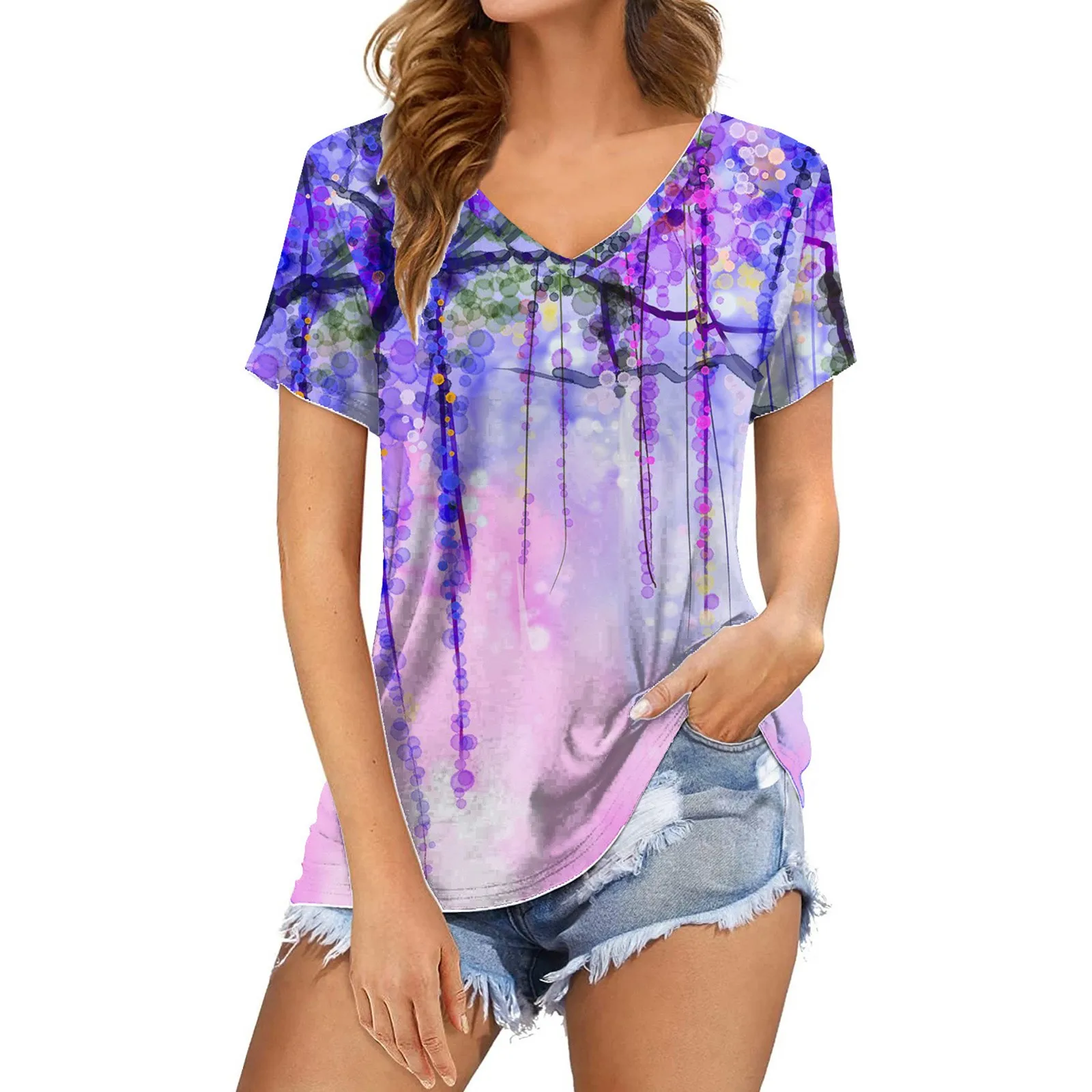 

Summer Floral Printed Shirt Women Vintage Casual Blouse Tops Loose Tunics Shirts Tee Sexy V Neck Short Sleeve T Shirt Tops