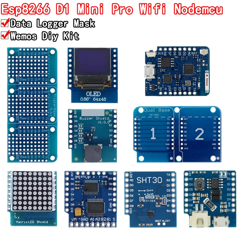 Фото Esp8266 D1 Mini Pro Wi-Fi Nodemcu Data Logger Shield Ds1307 Батарея 0,66 Oled DC Power Buzzer V1.0.0 Двойная база для Wemos Diy Kit №1