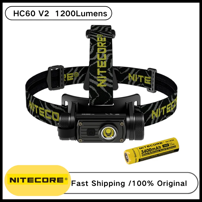 NITECORE HC60 V2 Headlamp Utilizes a P9 LED 3 Lights Source 1200Lumen USB-C Rechargeable with 3400 mAh battery