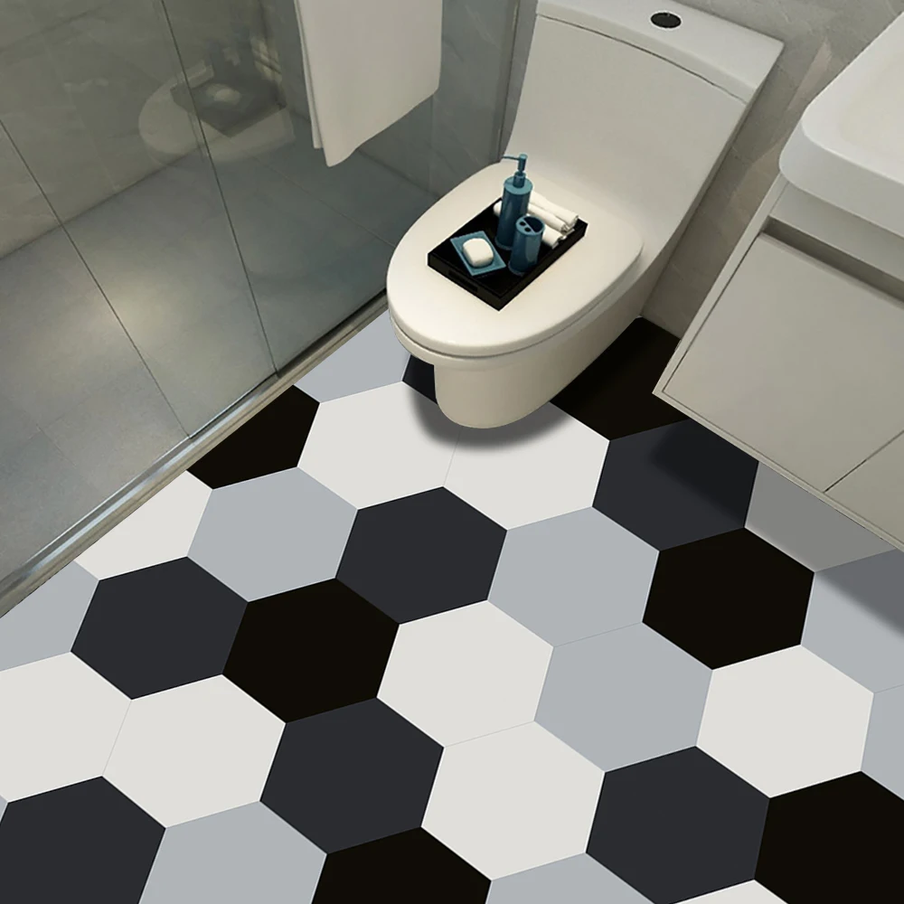 

10pcs Black White Gray Hexagon Tiles Floor Wall Stickers Kitchen Bathroom TV Sofa Wall Home Decor Peel & Stick Art Wallpaper