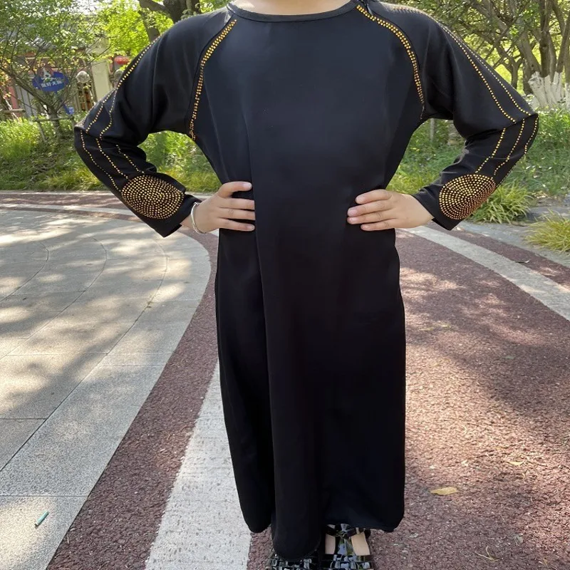 

Girls Arab Middle East Muslim Long Dress Dubai Saudi Malaysia Women's Robe Clan Long Sleeve Swing Diamond Black Dress With Scarf