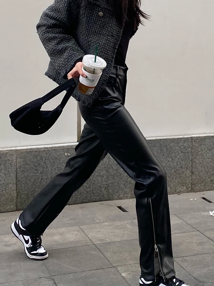 

Zipper Split PU Leather Pants High Waist Casual Straight-leg Trousers Autumn & Winter All-match Chaparejos Mujer Pantalones