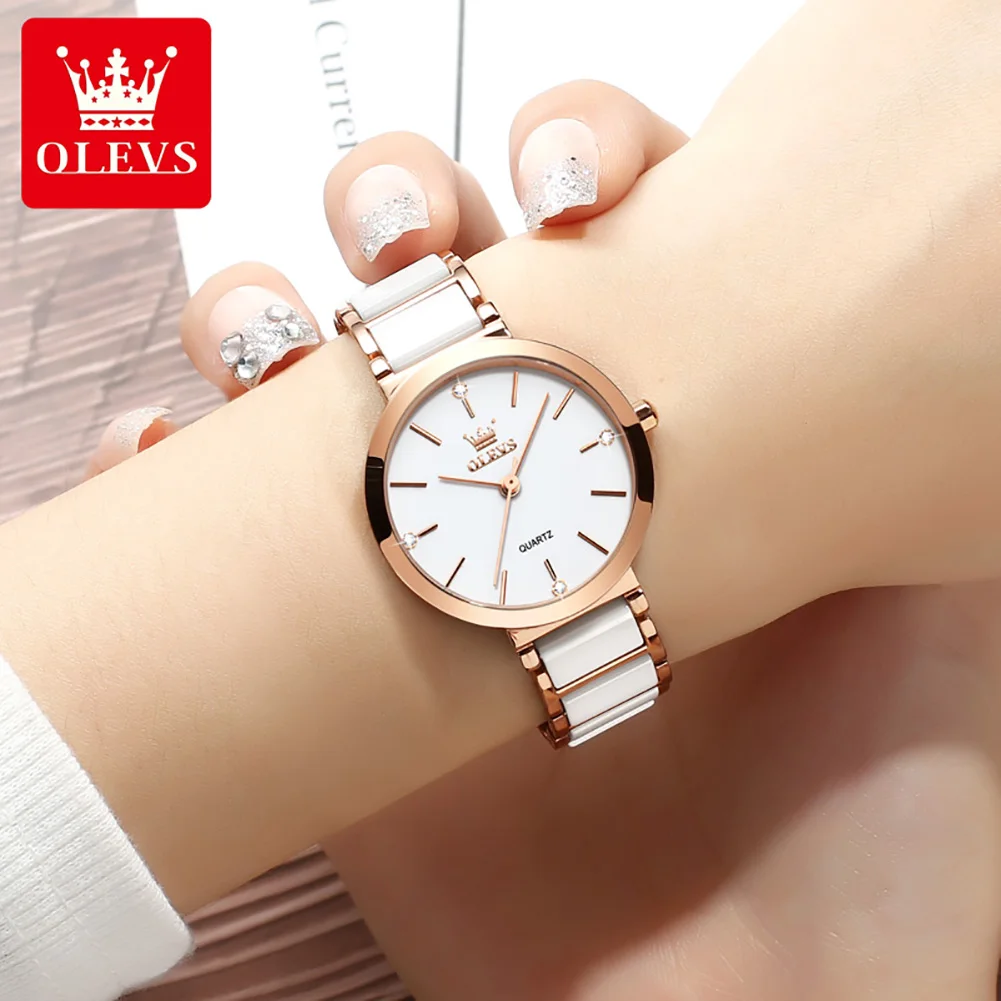 OLEVS Waterproof Women Quartz Wristwatches High Quality 2023 Japanese Movement White Ceramics Strap Fashion Watch for Women 5877