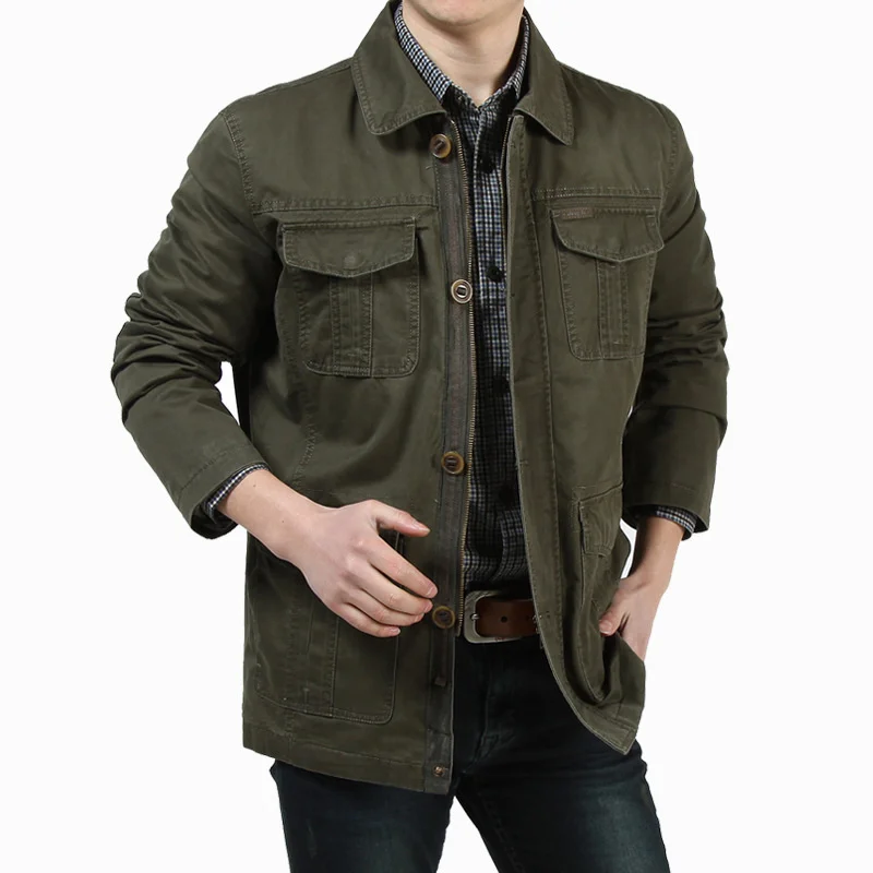 Spring Autumn Jacket Men Mid-Long Cotton Multi-pockets Military Jackets Coats Turn Down Collar Casual Fashion Jaqueta Masculina