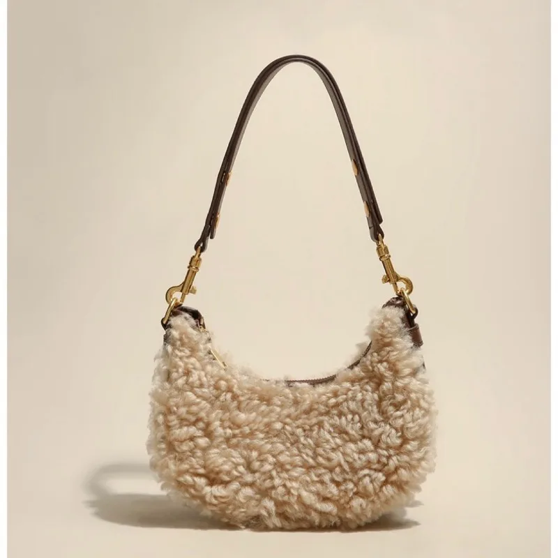 Furry Underarm Bag Winter Lamb Wool Shoulder Purse Women High Quality Fashion Versatile Half Moon Saddle