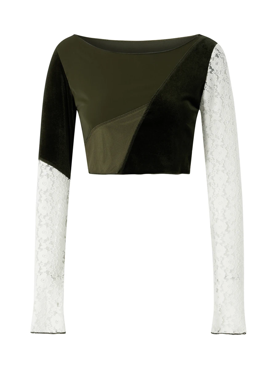 

Женские топы Y2K с длинным рукавом, эстетические футболки с графическим рисунком, кружевная Лоскутная футболка с круглым вырезом, укороченна...