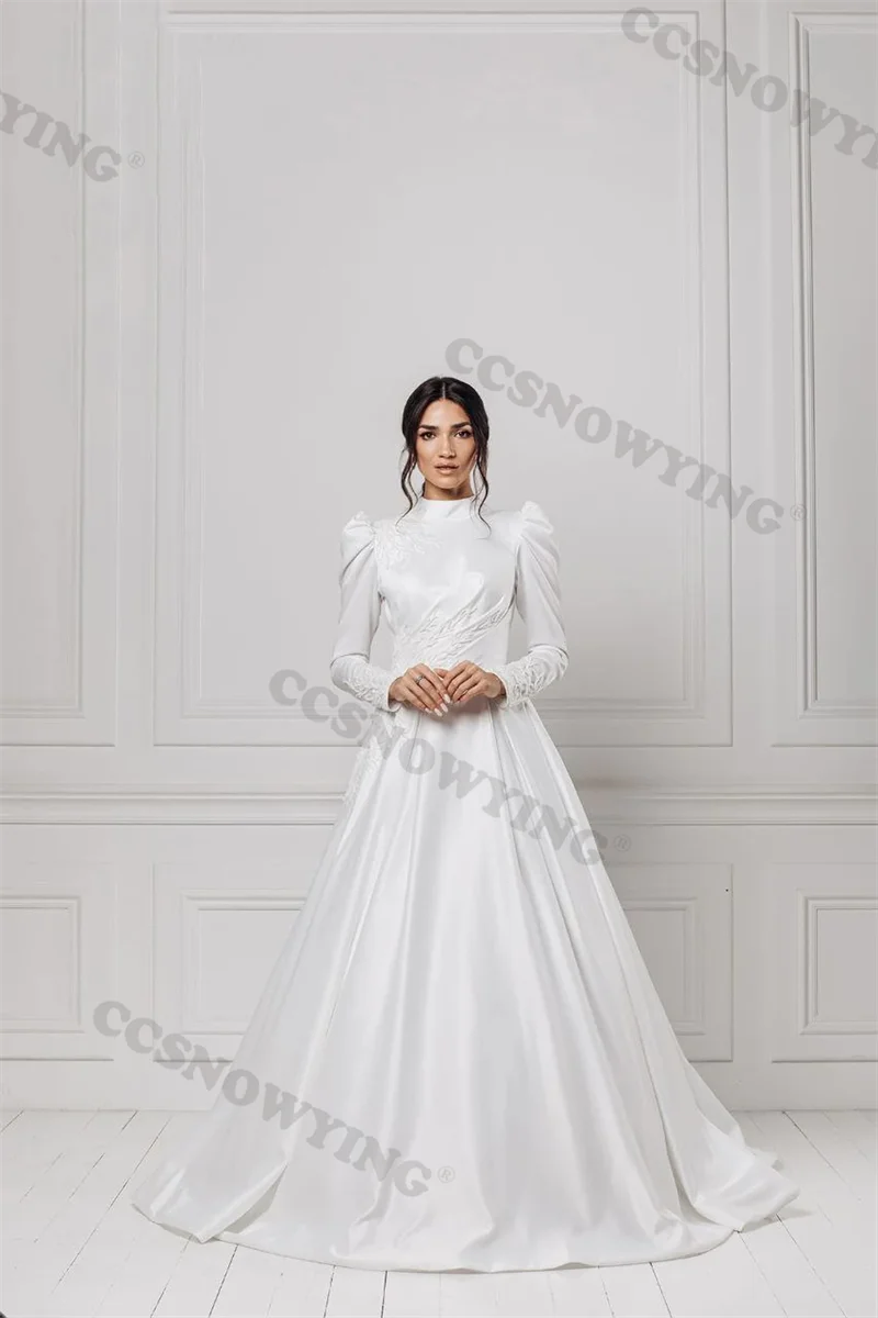 

Fashion Long Sleeve Muslim Wedding Dress for Bride Arabic Dubai Satin Appliques Islamic Hijab Bride Gown Robe De Mariage