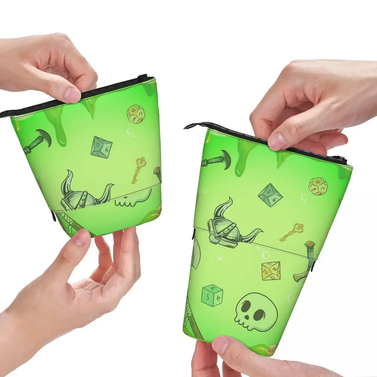 Фото Реверсивный пенал-косметичка GELATINOUS CUBE Green Ooze Dnd Monster с изображением D&D-кубиков, черепа, добычи, топора и меча №4
