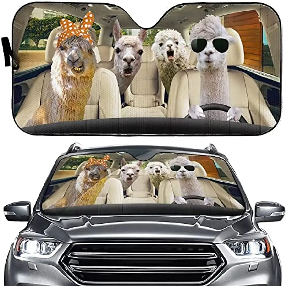 

Llama Driving Car Front Window Cover,Family Llama Go Shopping Auto Sun Shade,Funny Farmhouse Animal Foldable Truck Sun Visor,Aut
