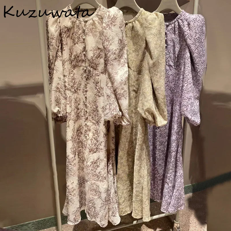 

A GIRLS 2022 Early Spring New Women Robes French Print Dress O Neck Puff Sleeve Single Breasted Lace Up Slim Waist Vestidos