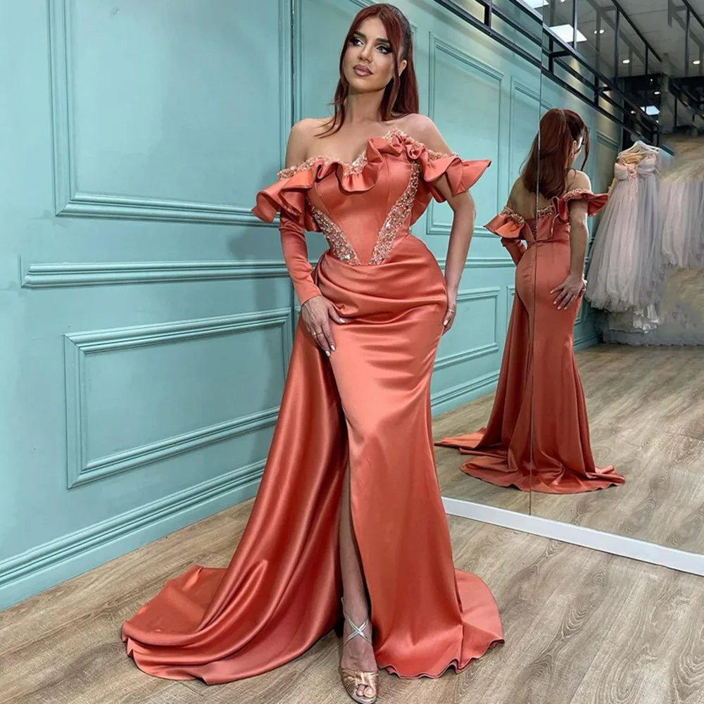 

A-Line Silk Satin Prom Dresses One Shoulder Long Puffy Sleeve Zipper Back Evening Gowns Sexy High Slit Party Dress