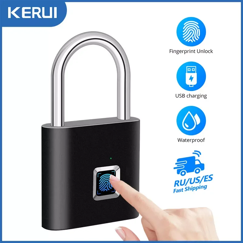 

KERUI Keyless USB Charging Fingerprint Lock Smart Padlock Waterproof Door Lock 0.2sec Unlock Portable Anti-theft Padlock Zinc