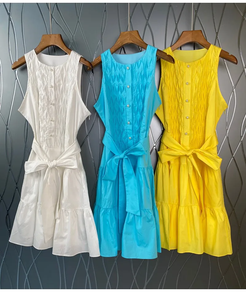 2022 Summer Fashion White Yellow Blue Dress High Quality Ladies Pleated Deco Belted Sleeveless Casual Button Dress Boho Vestido