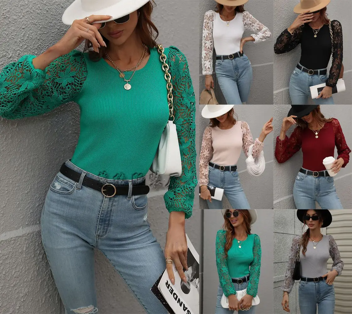 

2022 autumn and winter hook flower hollow pullover street round neck knitted solid color sweater women