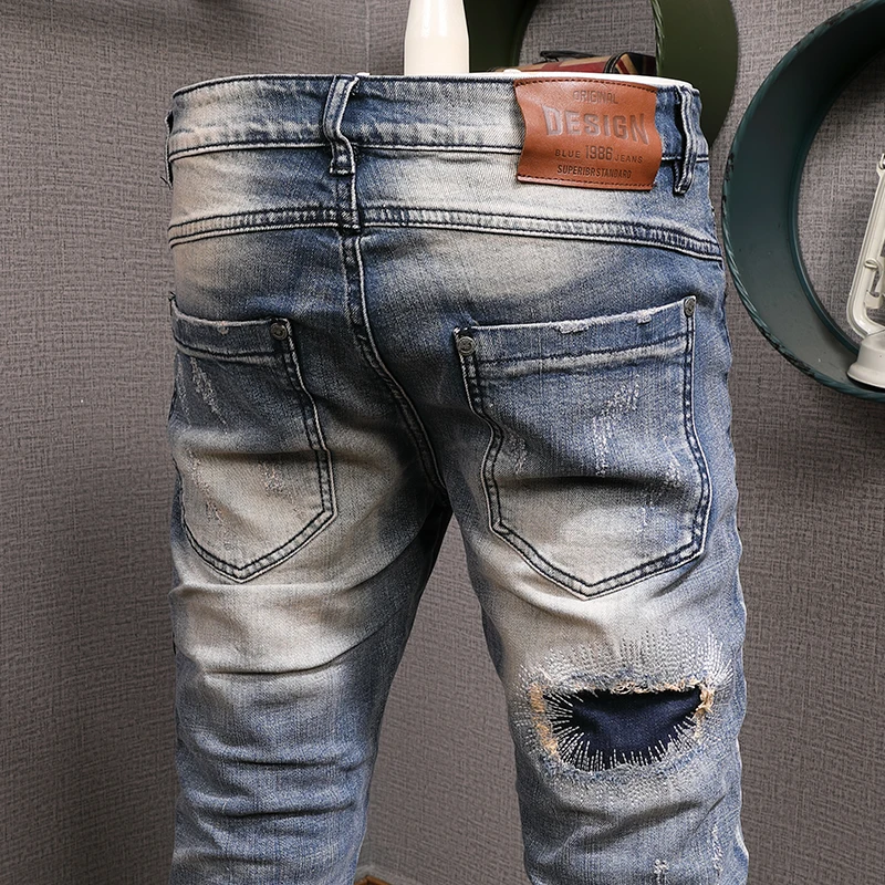 Streetwear Fashion Men Jeans Retro Blue Stretch Slim Fit Vintage Ripped Jeans Men Leopard Patch Designer Hip Hop Pants Hombre