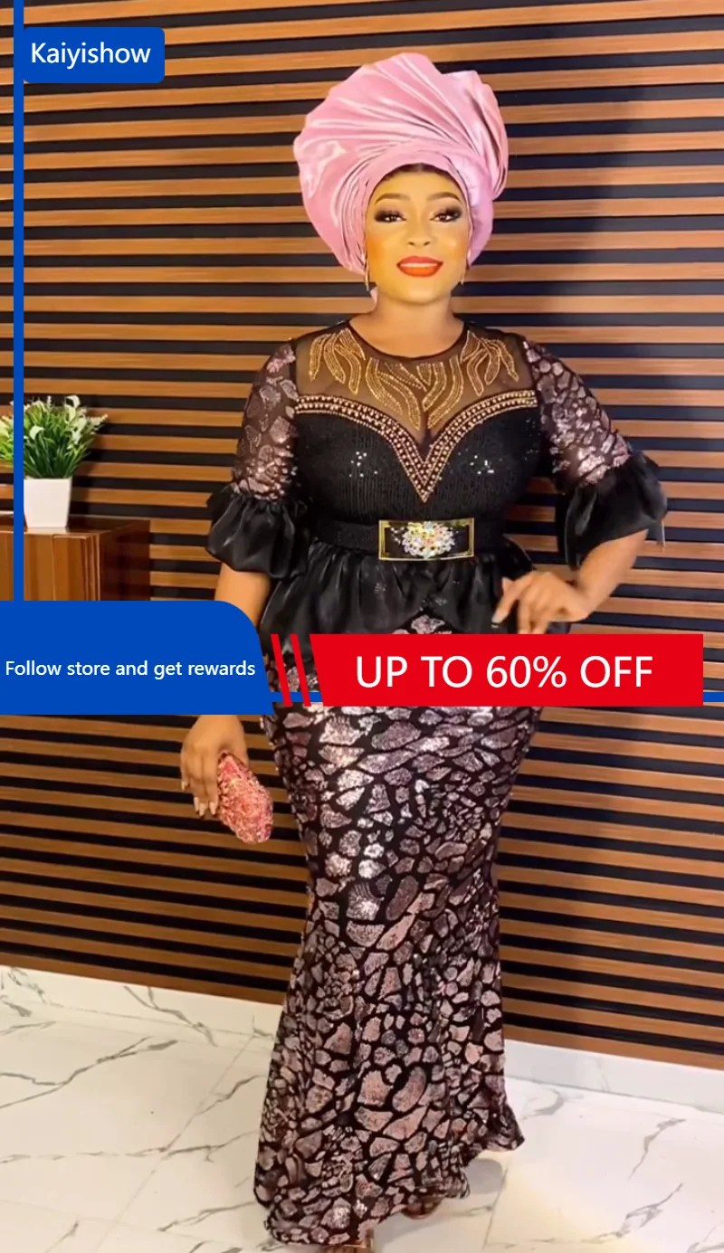 

2023 African Wedding Party Dresses for Women Summer African Elegant Half Sleeve O-neck Polyester Pink Gold Long Dress Maxi Dress