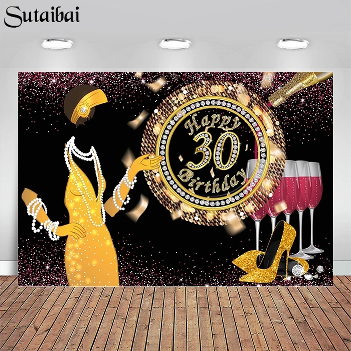 

Happy 30th Birthday Backdrop Photography Bkoeh Glitter Great Gatsby Birthday Party Background Lady Diamond Decor Banner Props
