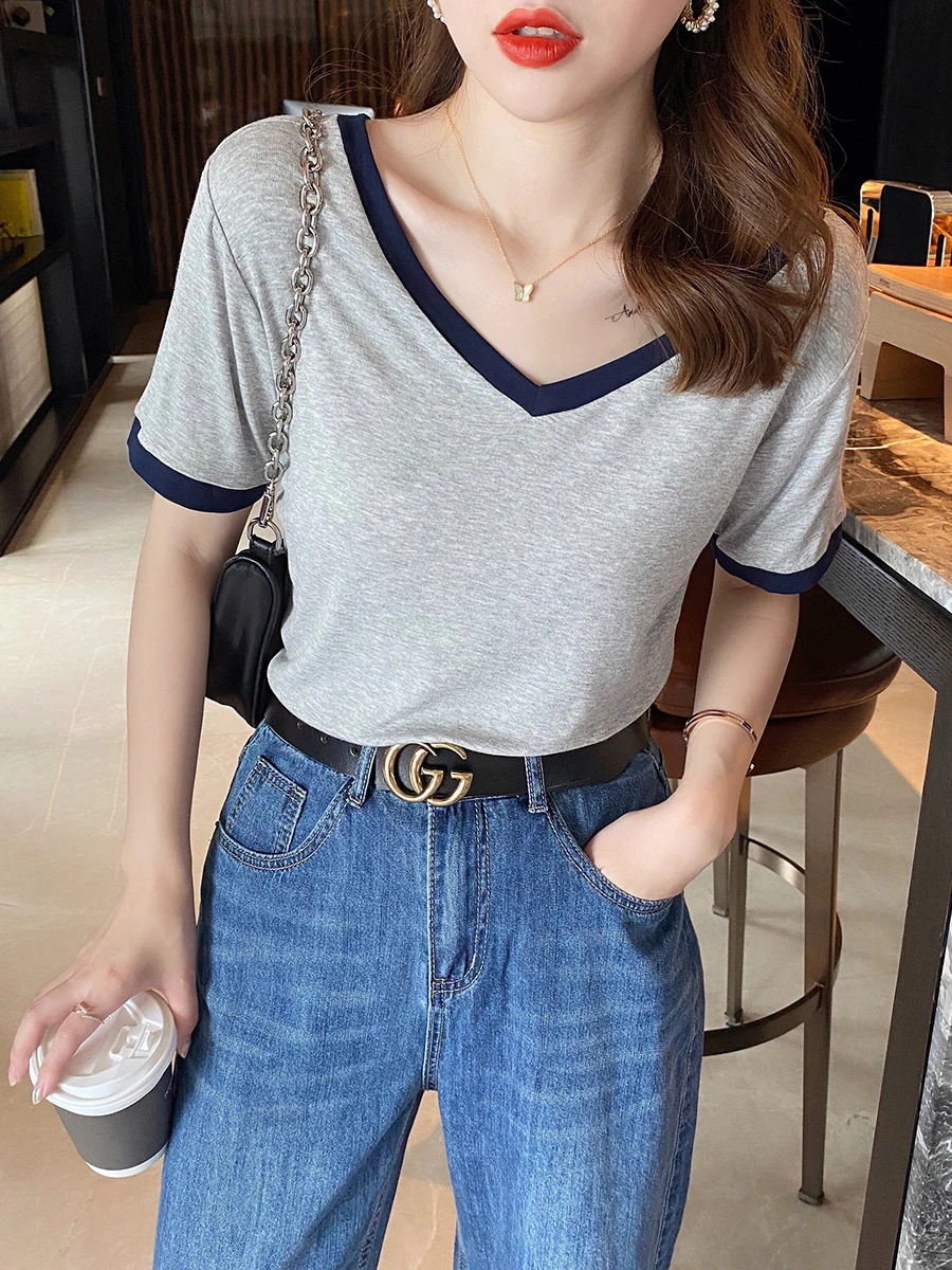 

Футболка на пуговицах, сексуальный топ, женская летняя новая тонкая облегающая короткая майка с коротким рукавом и V-образным вырезом