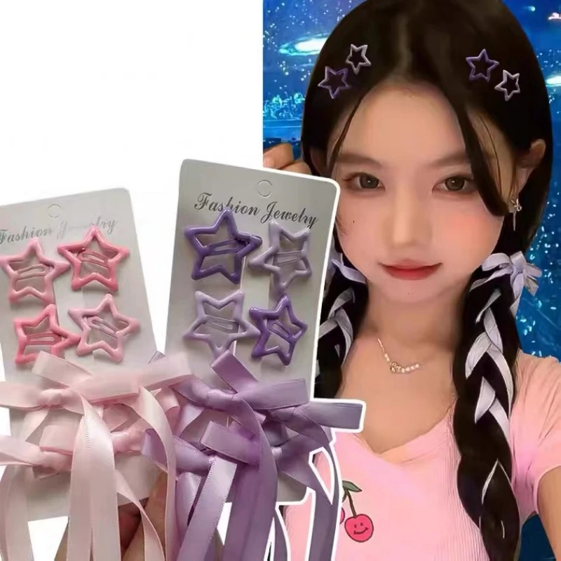 Y2K 6 шт./комплект длинные ленточные заколки для волос с бантом звезда однотонные