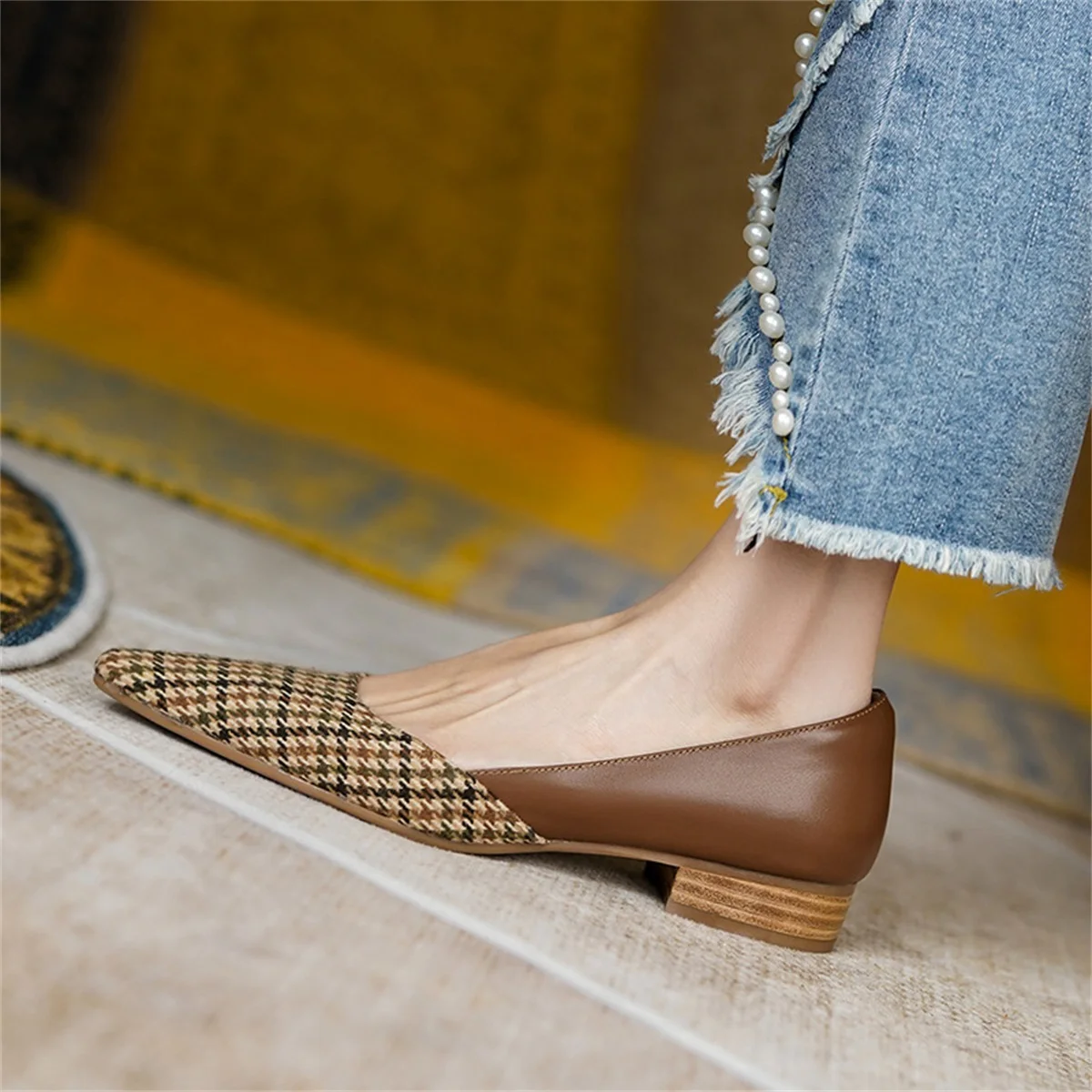 

Spring Autumn Fashion Women's Shoes Color Contrast Low Heel Shallow Pointed Toe Casual Women Shoes