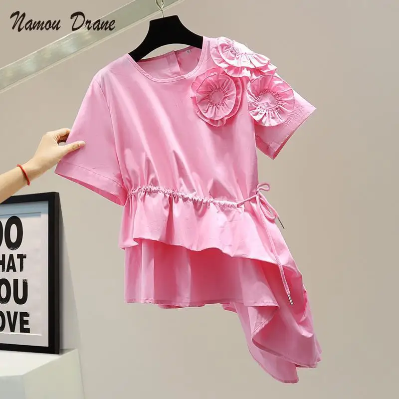 

Namou Drane Chic 3D Flowers Women Tops Fashion Irregular Ruffles Blouse 2022Spring Summer Korean Bandage Slim Waist Blusas Mujer