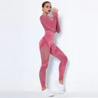 Женский сетчатый бесшовный комплект для йоги, леггинсы для фитнеса, тренажерного зала, ажурные укороченные рубашки, спортивный костюм, женский спортивный костюм с длинным рукавом, спортивная одежда