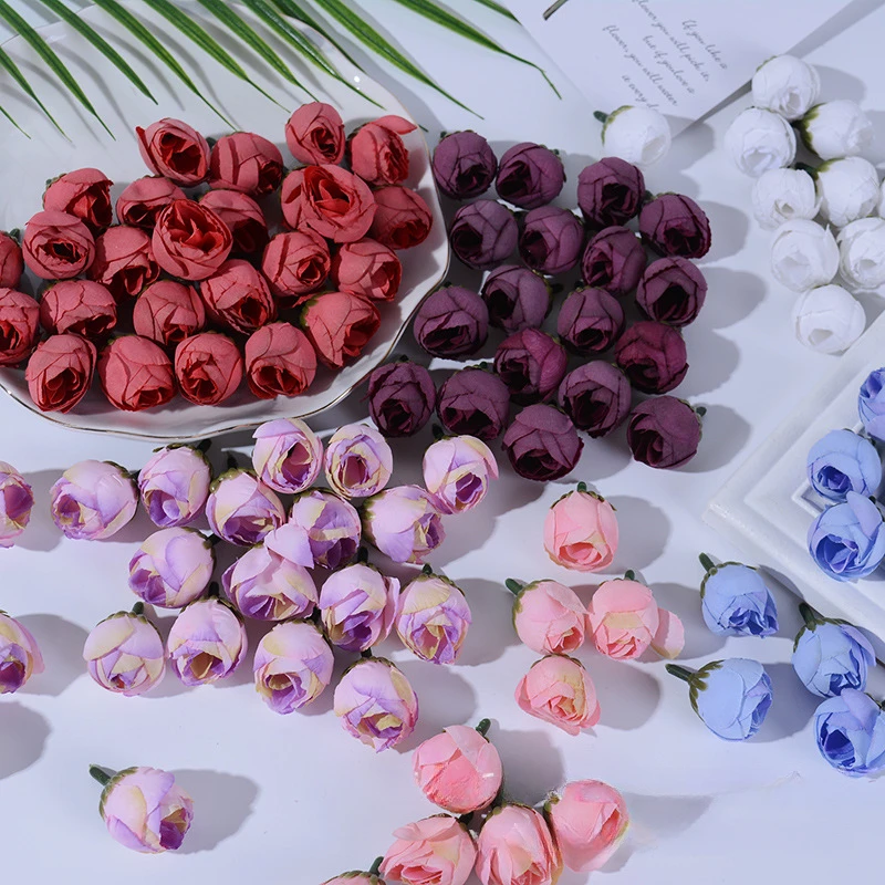 

50PCS Mini Tea Bud 3CM Artificial Rose DIY Production Wrist Flower Material Accessories Straw Hat Hair Card Decoration