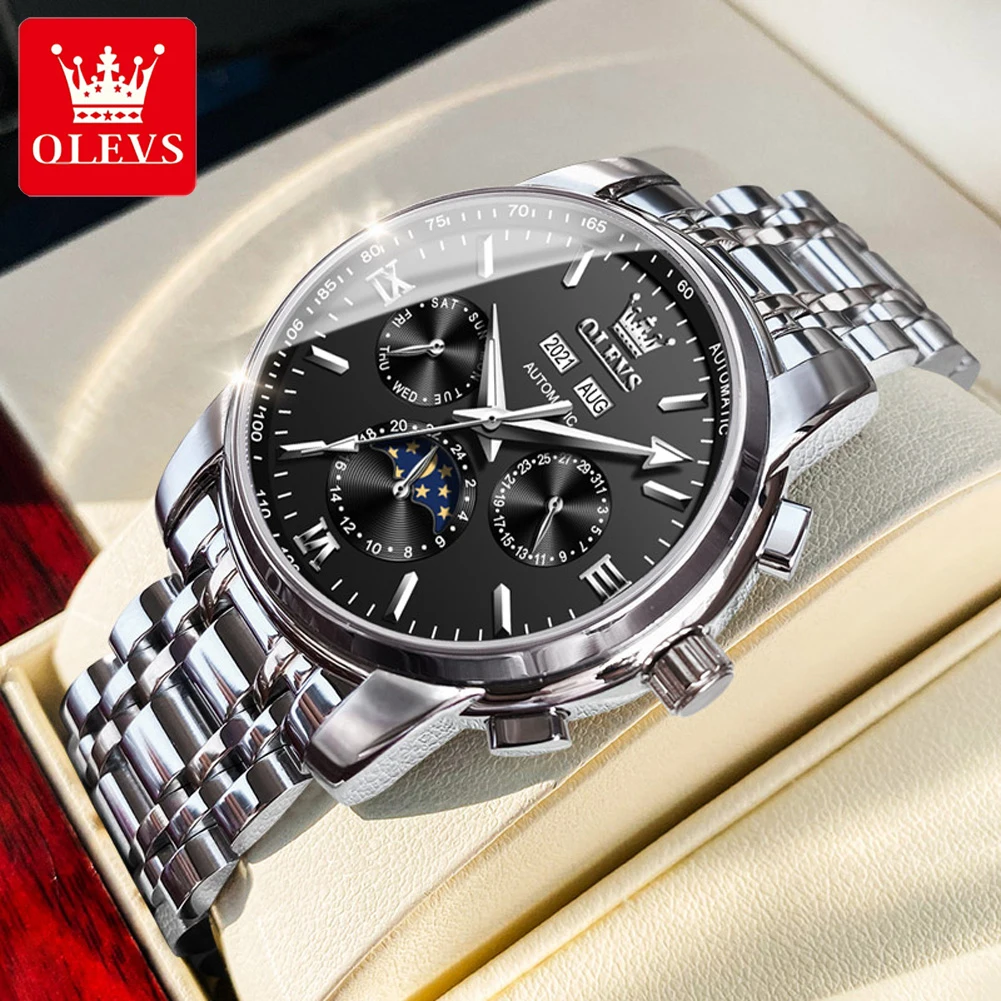 

OLEVS 6633 Stainless Steel Automatic Mechanical Watch for Men Luxury Moon Phase Perpetual Calendar Waterproof Man Wristwatches