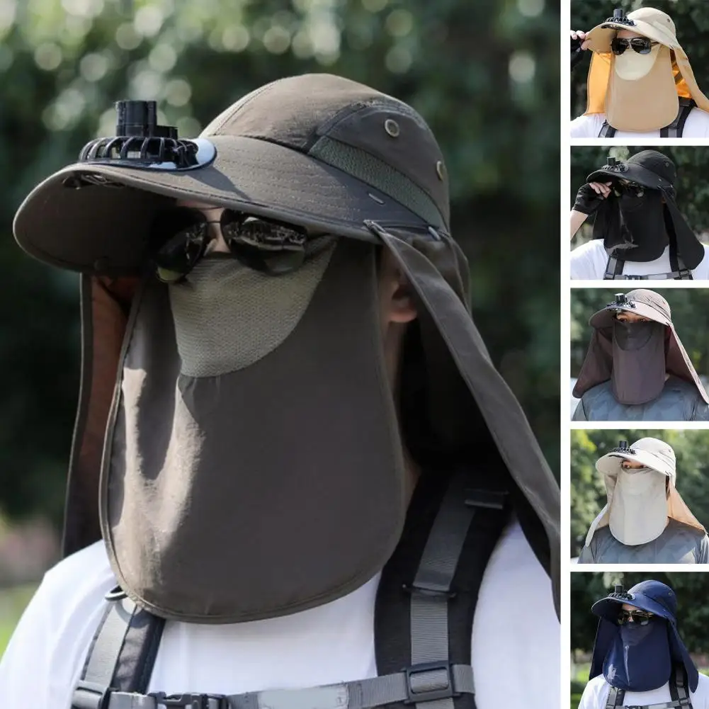 

Men Fisherman Hat Cooling Fan Face Hood Hat Full Protection Sunshde Camping Cap Anti-UV Breathable Wide Brim Outdoor Cap