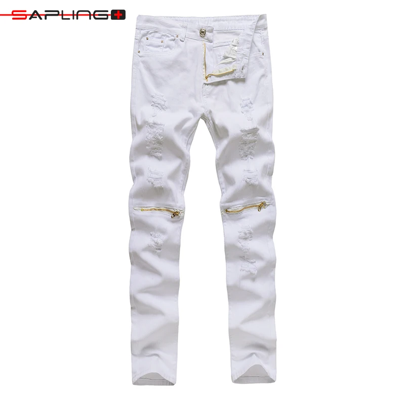 

Брюки мужские рваные джинсовые, модные однотонные джинсы скинни с белыми краями, повседневные брюки из денима, прямые штаны