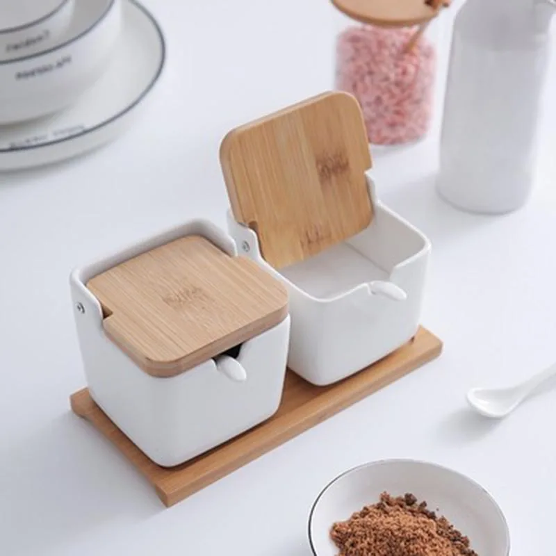 

Ceramic Seasoning Tool Salt Seasoning Jars Set Spice Storage Container with Spoon Porcelain Bottle and Bamboo Lid Kitchen Tools