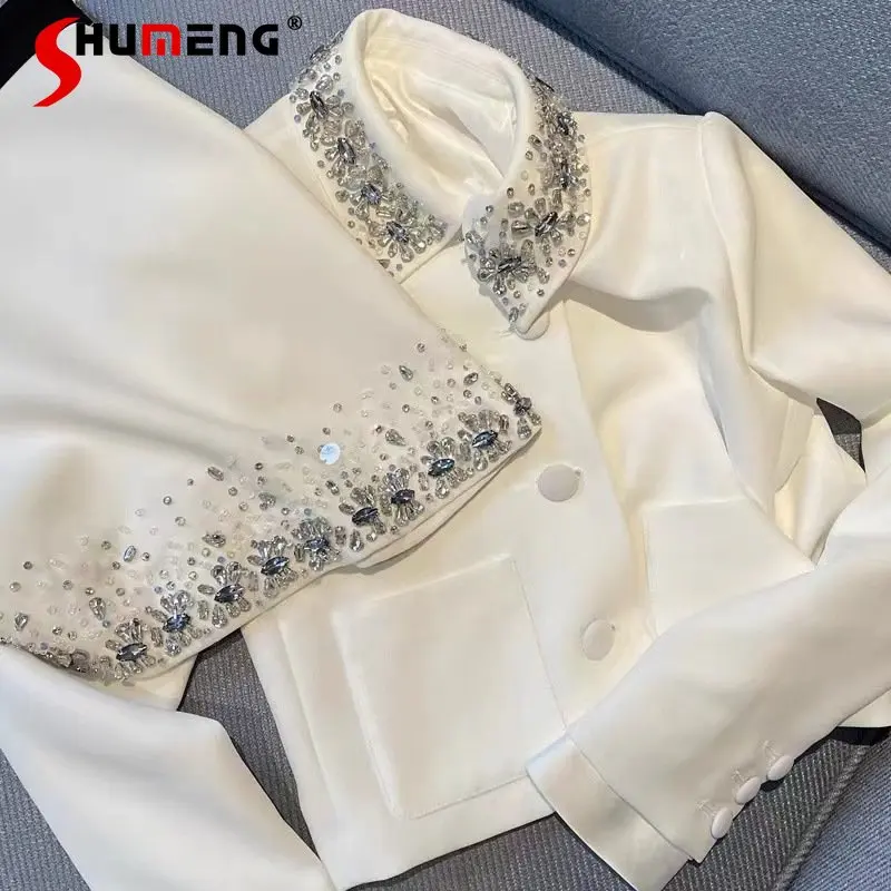 

2023 Spring Autumn Heavy Industry Beads White Suit Coat Mid-Length Skirt Suit Women Socialite Rhinestone Blazer Two Piece Sets