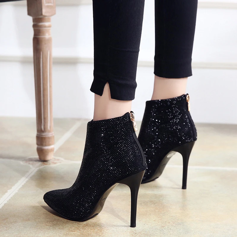 Winter Pointed Toe Thin High Heel Short Boots Sexy Rhinestone Single Boots Fashion Boots
