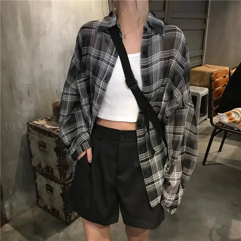 

Deeptown Vintage Plaid Women Blouses Harajuku Casual Basic Oversized Black Streetwear Long Sleeve Shirts Fashion Female Retro