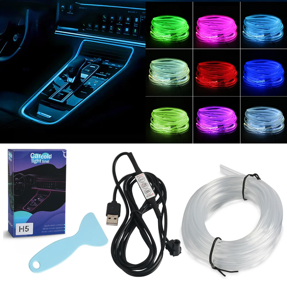 LED Car Interior Ambient Strip Lights RGB Switch Control Fiber Optic Atmosphere Neon Lighting Kit Auto Decorative Lamps USB Plug