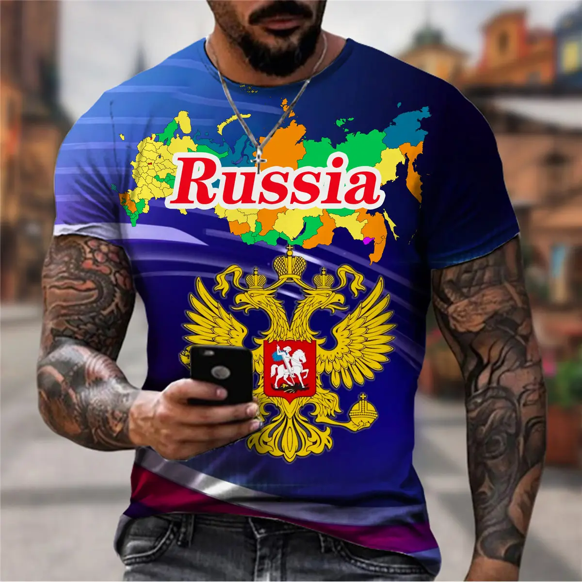

2022 Men's Summer Short Sleeve Russia Flag 3D Printing T-shirt Men's Harajuku Fashion Russia Map Streetwear Tee Tops
