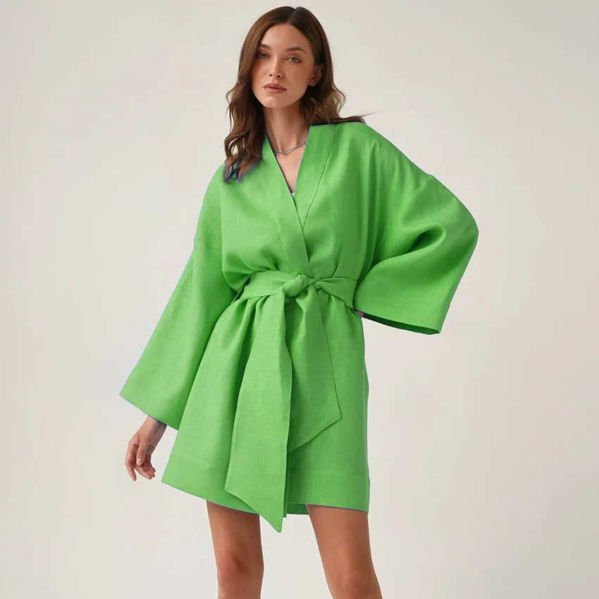 

Female Autumn Wrap Dress Chic Casual Holiday Cotton Linen Elegant Robe V-Neck Sashes Lace Up Thin Loose Dresses for Women 2022