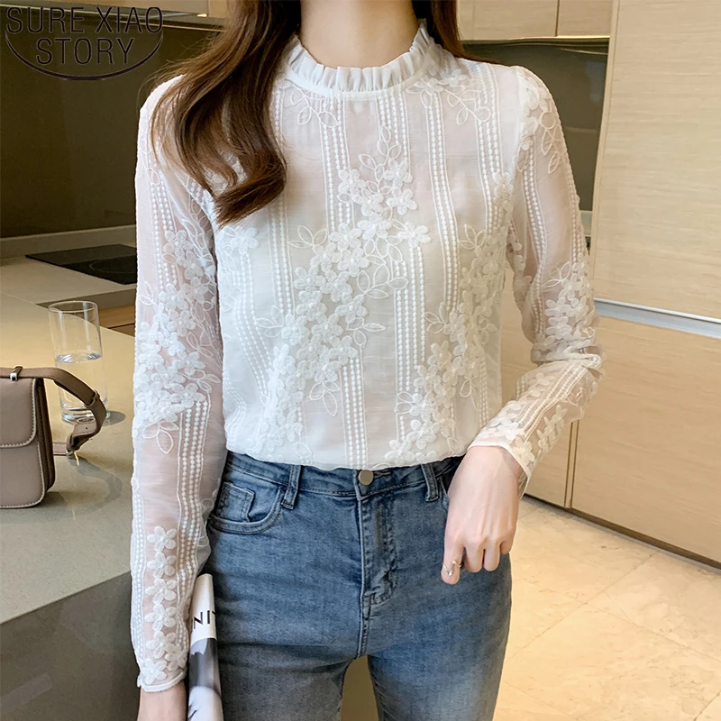 

Spring Stand Collar Women Tops Blouses Loose White Elegant 2022 Embroidery Flowers Lace Blouse Long Sleeve Ladies Shirts 18935