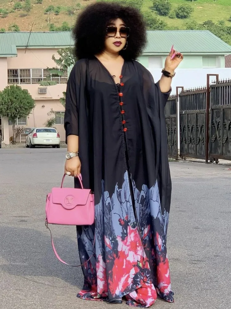 

New Muslim Dresses For Women 2022 Stitching Color African Maxi Robe V-Neck Print Long Sleeve Novelty Dress Kanga Clothing Bouou