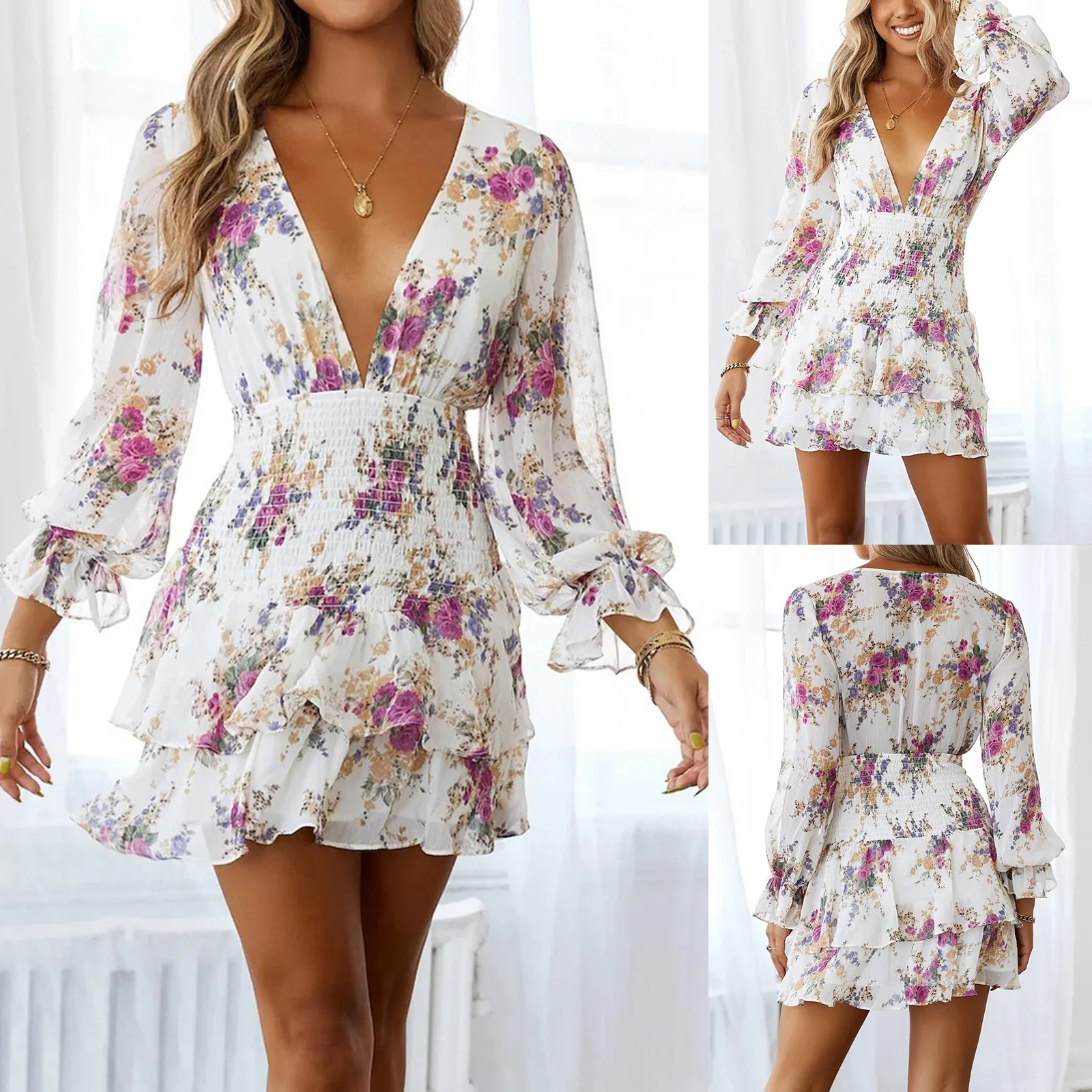 

Women Deep V Neck Ruffle Chiffon New Year Dresses Elegant Long Sleeve Maxi Dresses for Women Casual Mid Sleeve Dresses for Women
