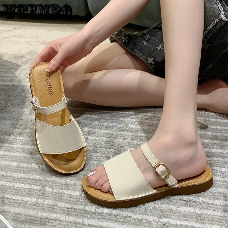 WTEMPO Fashion Slippers Summer Women's Outer Wear Flat Bottom One Word Drag Leather Soft Bottom Anti-slip Sandals Wholesale