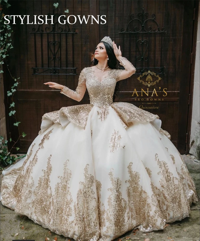 

Champagne Sweetheart Ball Gown Beaded Quinceanera Dresses With Long Sleeve Corset Dress Sequined Princess Sweet 16 Vestidos De