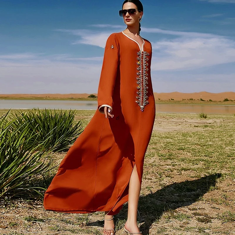 Orange Hand-stitched Diamond Elegant Long Dress 2022 New Fashion Ramadan Dresses Muslim Dubai Abaya Middle East Satin Kaftan